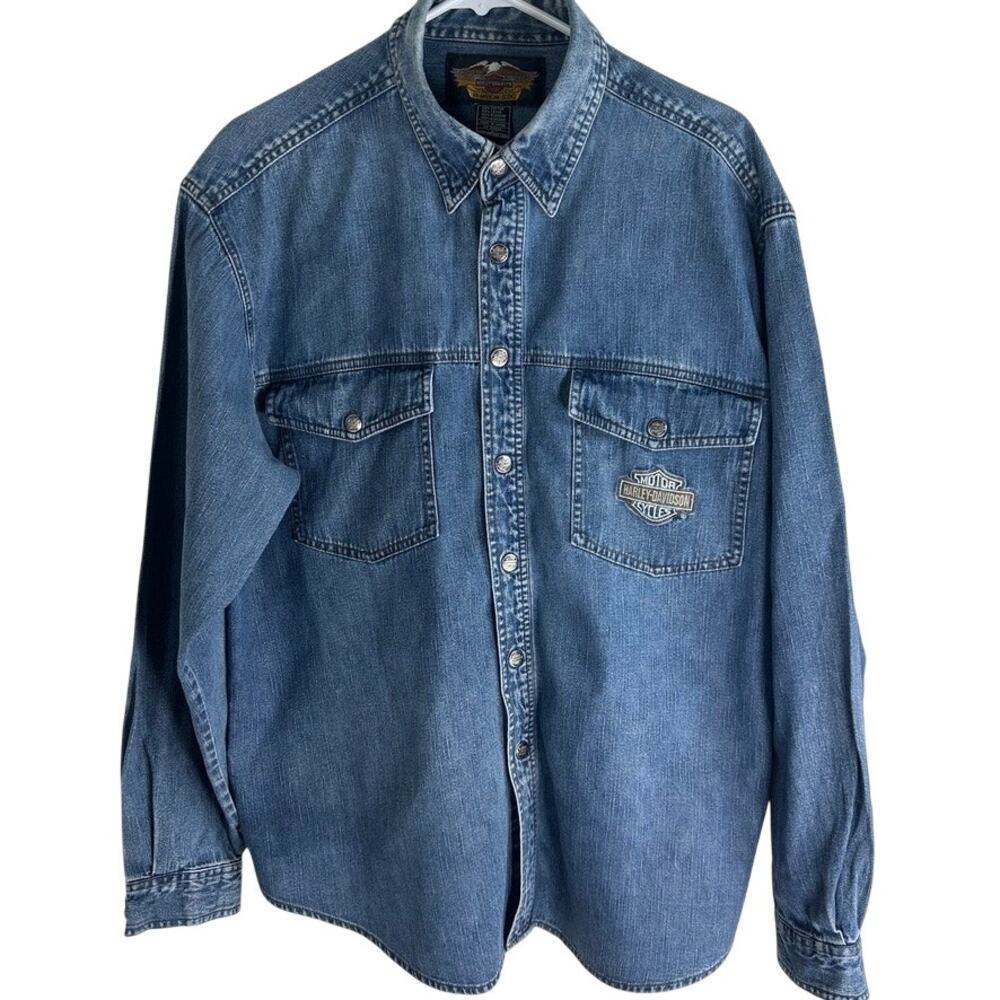 Harley Davidson Denim Shirt L Y2K Snap Logo 100% Cotton 48 Chest